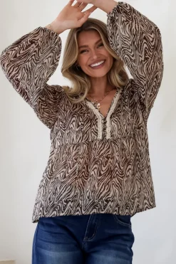 Collins Blouse - Frill Mandarin Collar Pull Over Blouse in Zebra Print><noscript><img width=