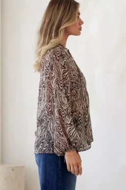 Collins Blouse - Frill Mandarin Collar Pull Over Blouse in Zebra Print><noscript><img width=
