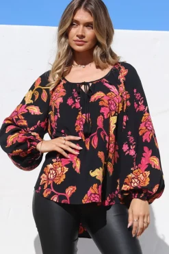 Cora Blouse - Round Neckline with Neck Tie Pull-Over Top in Valerie Print>Salty Crush Clearance