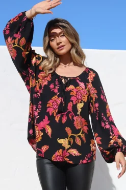 Cora Blouse - Round Neckline with Neck Tie Pull-Over Top in Valerie Print><noscript><img width=