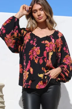 Cora Blouse - Round Neckline with Neck Tie Pull-Over Top in Valerie Print><noscript><img width=
