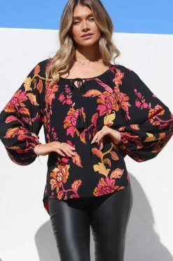 Cora Blouse - Round Neckline with Neck Tie Pull-Over Top in Valerie Print><noscript><img width=