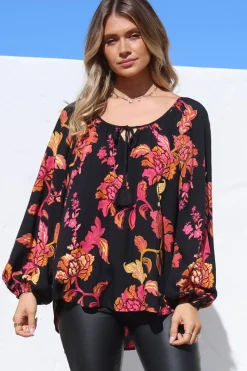 Cora Blouse - Round Neckline with Neck Tie Pull-Over Top in Valerie Print><noscript><img width=