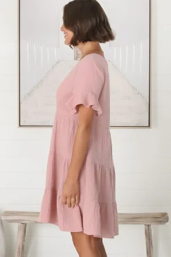 Cora Mini Dress - Cheesecloth Cotton Tiered Smock Dress with Frill Sleeves in Blush><noscript><img width=