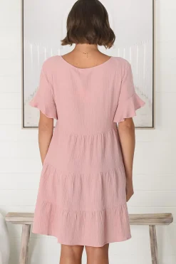 Cora Mini Dress - Cheesecloth Cotton Tiered Smock Dress with Frill Sleeves in Blush><noscript><img width=