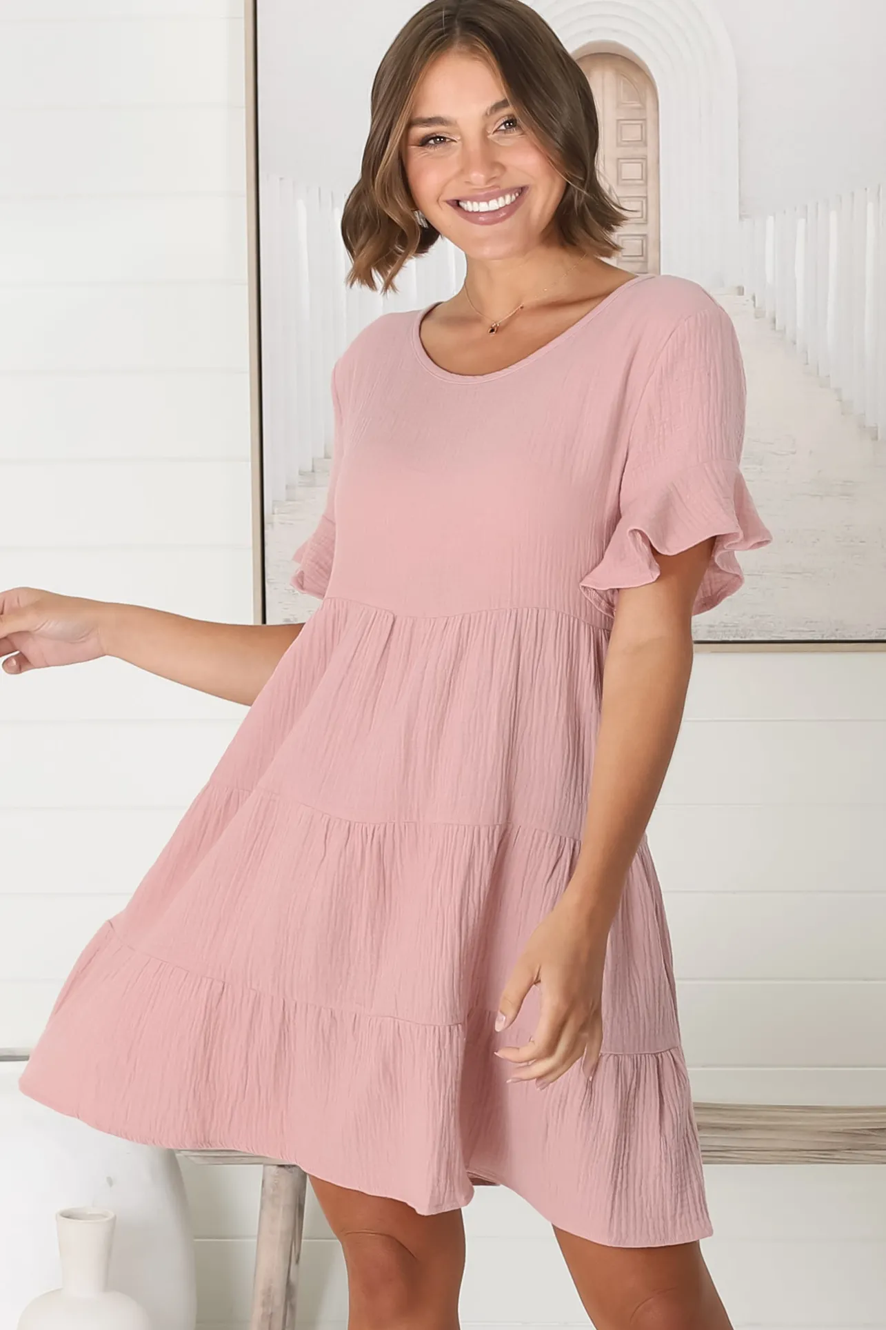 Cora Mini Dress - Cheesecloth Cotton Tiered Smock Dress with Frill Sleeves in Blush>Salty Crush Hot