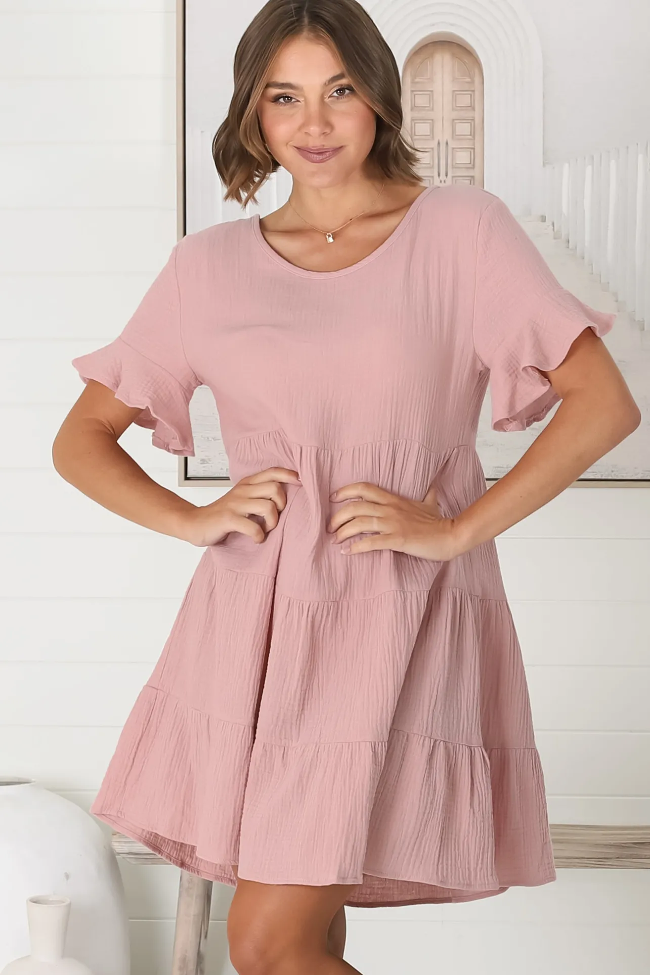 Cora Mini Dress - Cheesecloth Cotton Tiered Smock Dress with Frill Sleeves in Blush>Salty Crush Hot