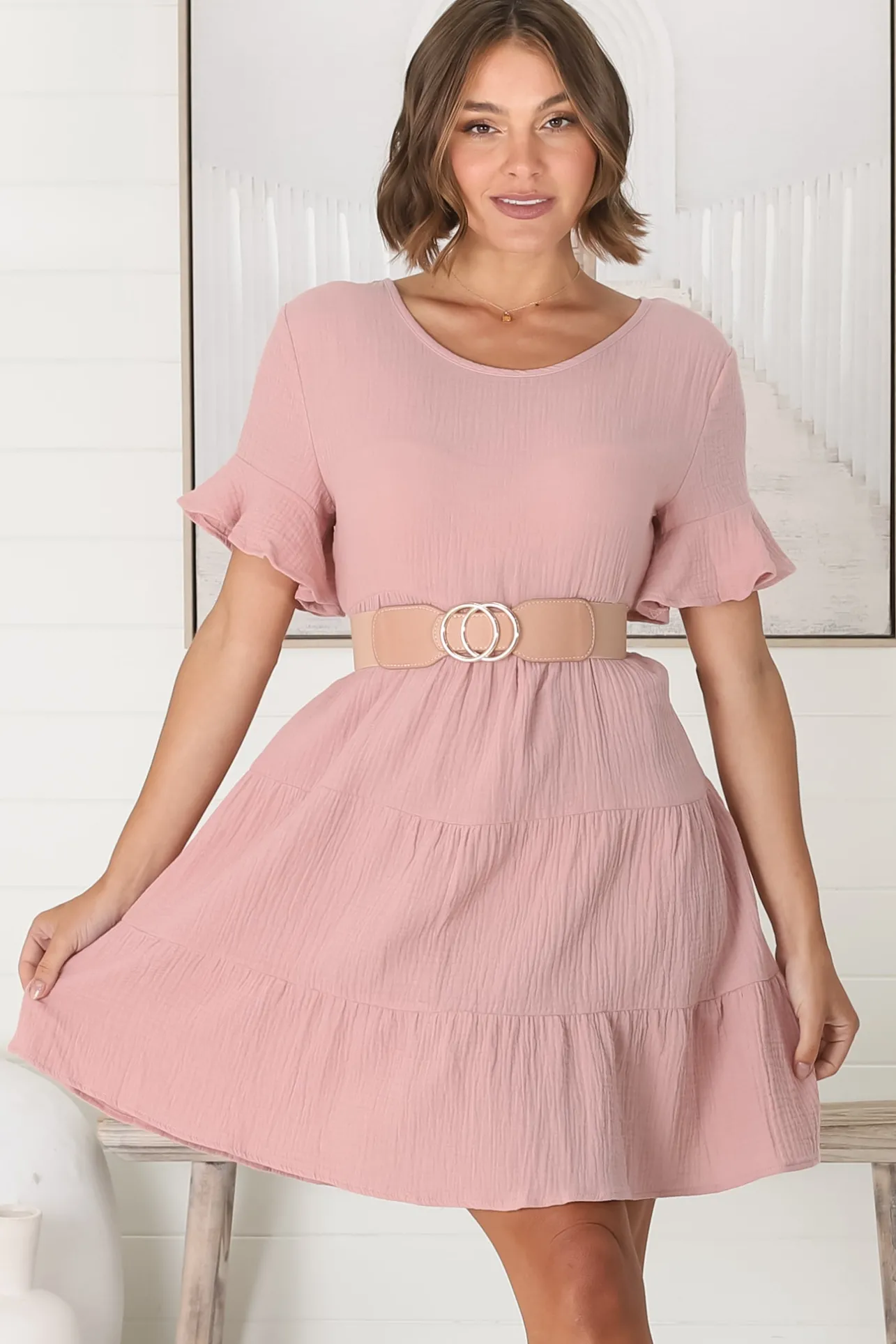 Cora Mini Dress - Cheesecloth Cotton Tiered Smock Dress with Frill Sleeves in Blush>Salty Crush Hot