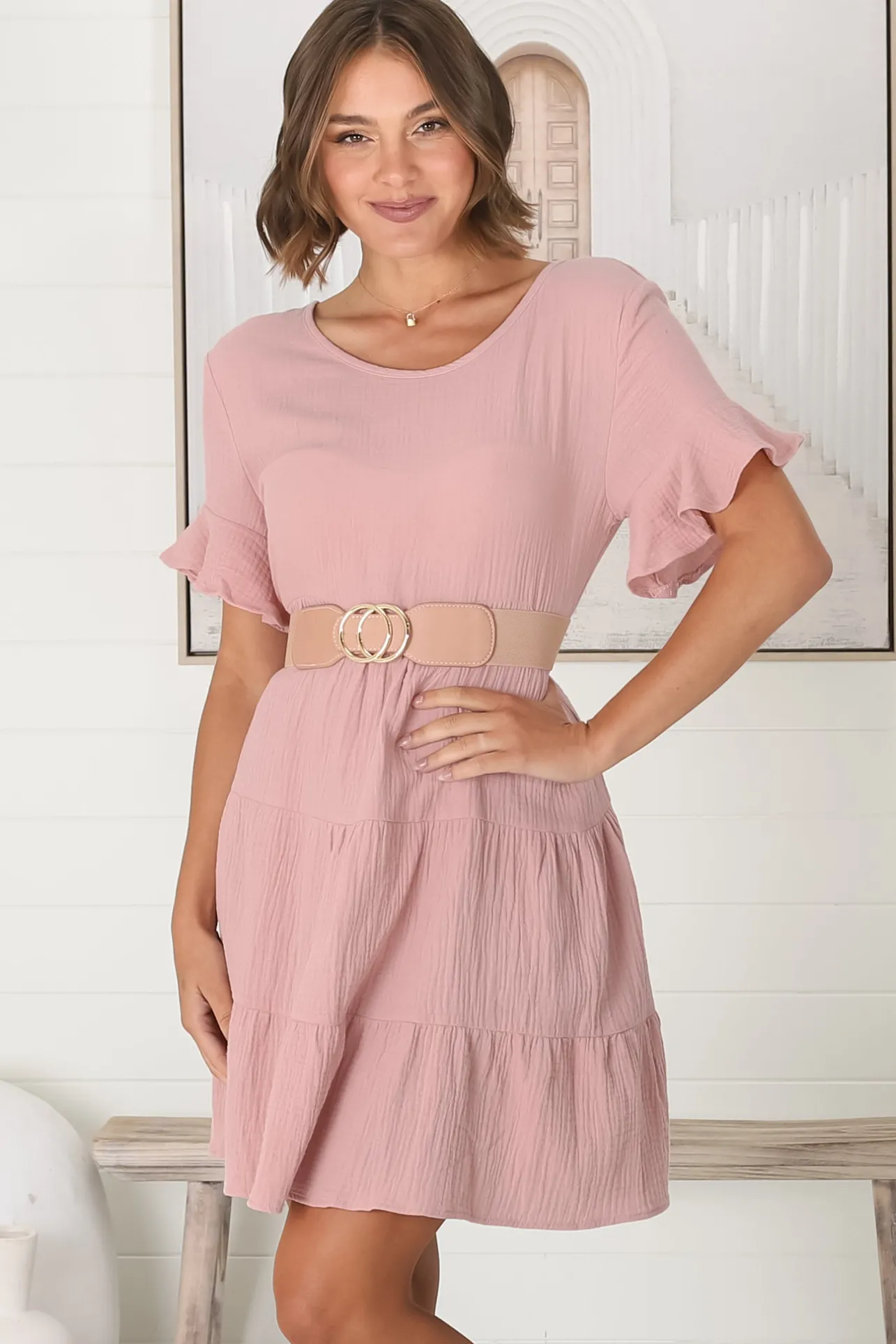 Cora Mini Dress - Cheesecloth Cotton Tiered Smock Dress with Frill Sleeves in Blush>Salty Crush Hot
