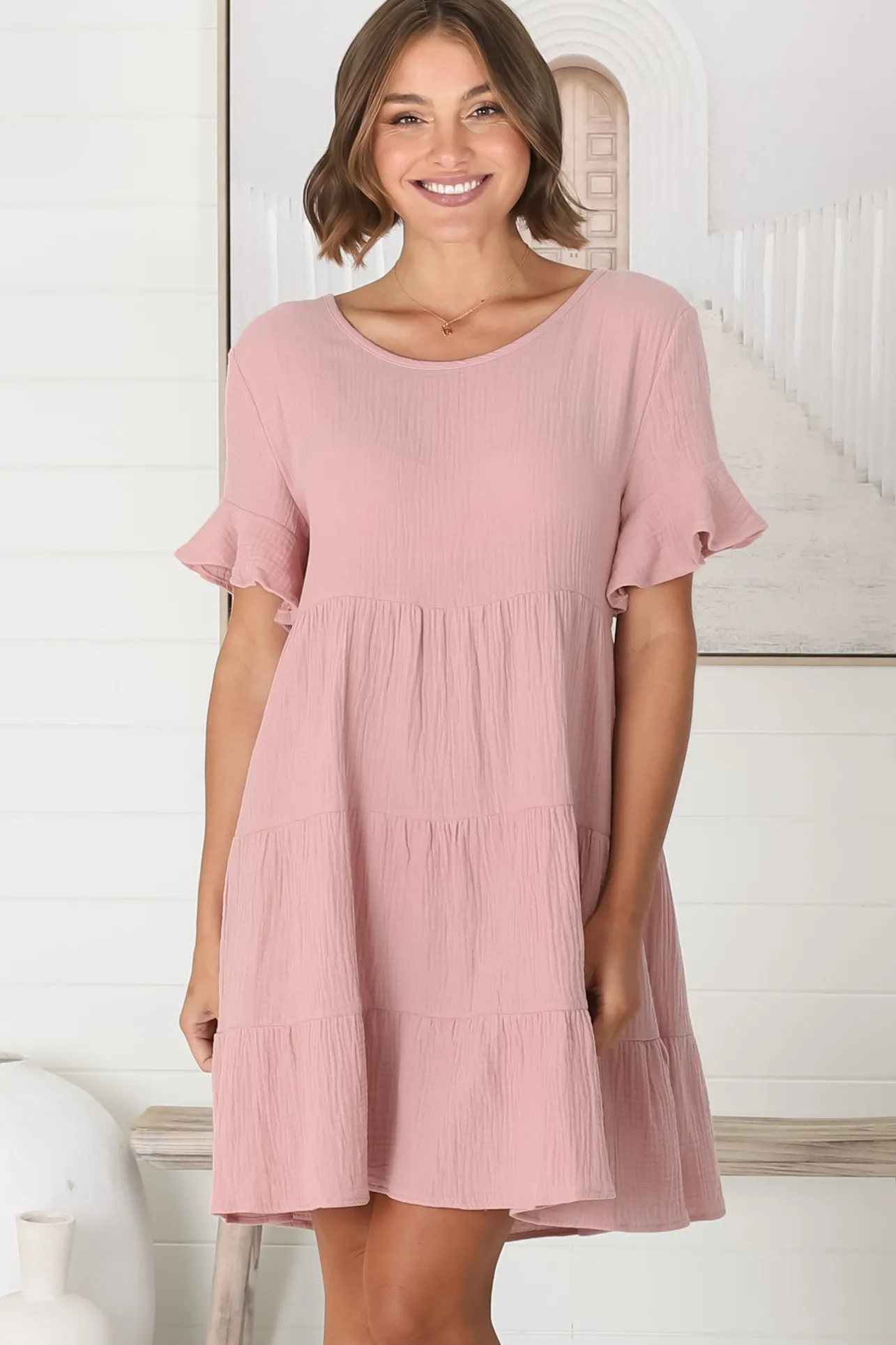 Cora Mini Dress - Cheesecloth Cotton Tiered Smock Dress with Frill Sleeves in Blush>Salty Crush Hot