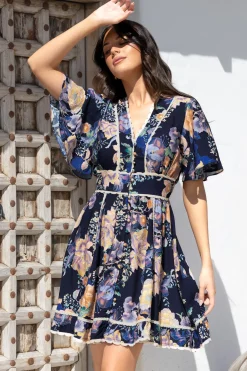 Corina Mini Dress - Lace Trim Button Down Dress with Flutter Sleeves in Ana Print Navy><noscript><img width=