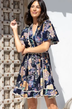 Corina Mini Dress - Lace Trim Button Down Dress with Flutter Sleeves in Ana Print Navy><noscript><img width=