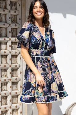 Corina Mini Dress - Lace Trim Button Down Dress with Flutter Sleeves in Ana Print Navy><noscript><img width=