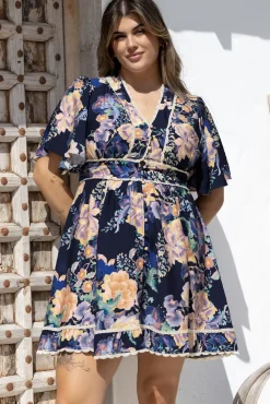Corina Mini Dress - Lace Trim Button Down Dress with Flutter Sleeves in Ana Print Navy><noscript><img width=