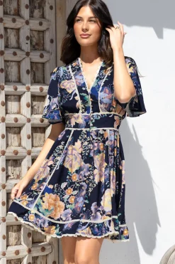 Corina Mini Dress - Lace Trim Button Down Dress with Flutter Sleeves in Ana Print Navy><noscript><img width=