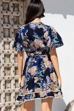 Corina Mini Dress - Lace Trim Button Down Dress with Flutter Sleeves in Ana Print Navy><noscript><img width=