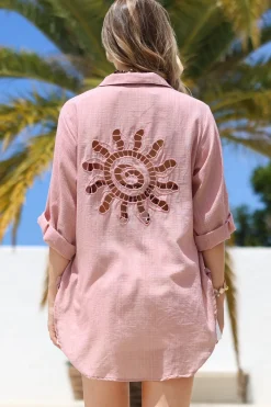 Corina Shirt - Relaxed Button Down Shirt with Sun Hollow-Out Back Decal in Blush>Salty Crush Hot