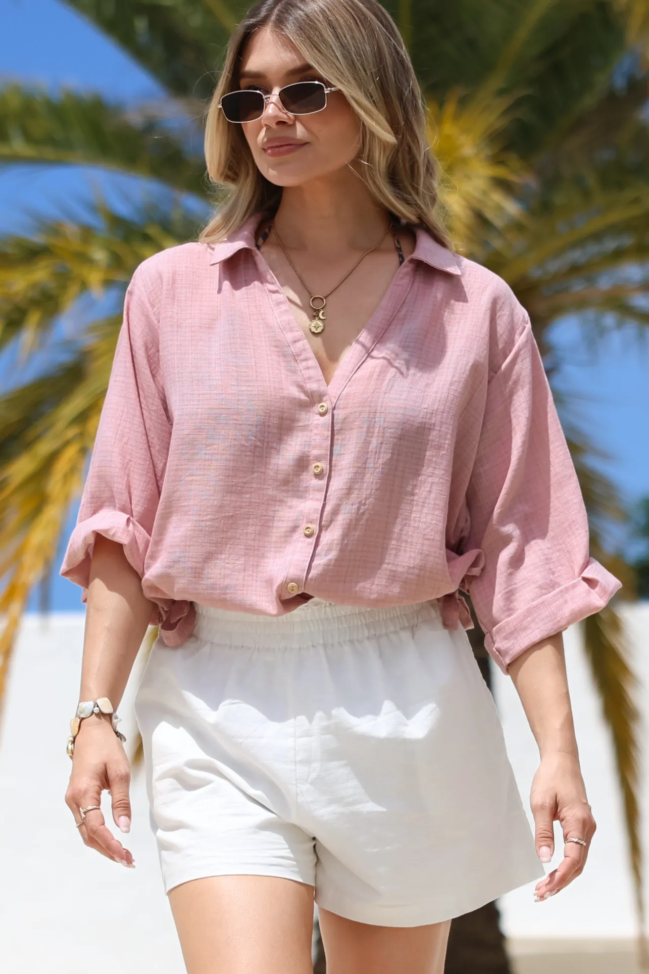 Corina Shirt - Relaxed Button Down Shirt with Sun Hollow-Out Back Decal in Blush>Salty Crush Hot