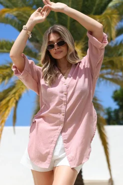 Corina Shirt - Relaxed Button Down Shirt with Sun Hollow-Out Back Decal in Blush><noscript><img width=