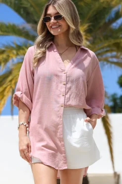 Corina Shirt - Relaxed Button Down Shirt with Sun Hollow-Out Back Decal in Blush><noscript><img width=