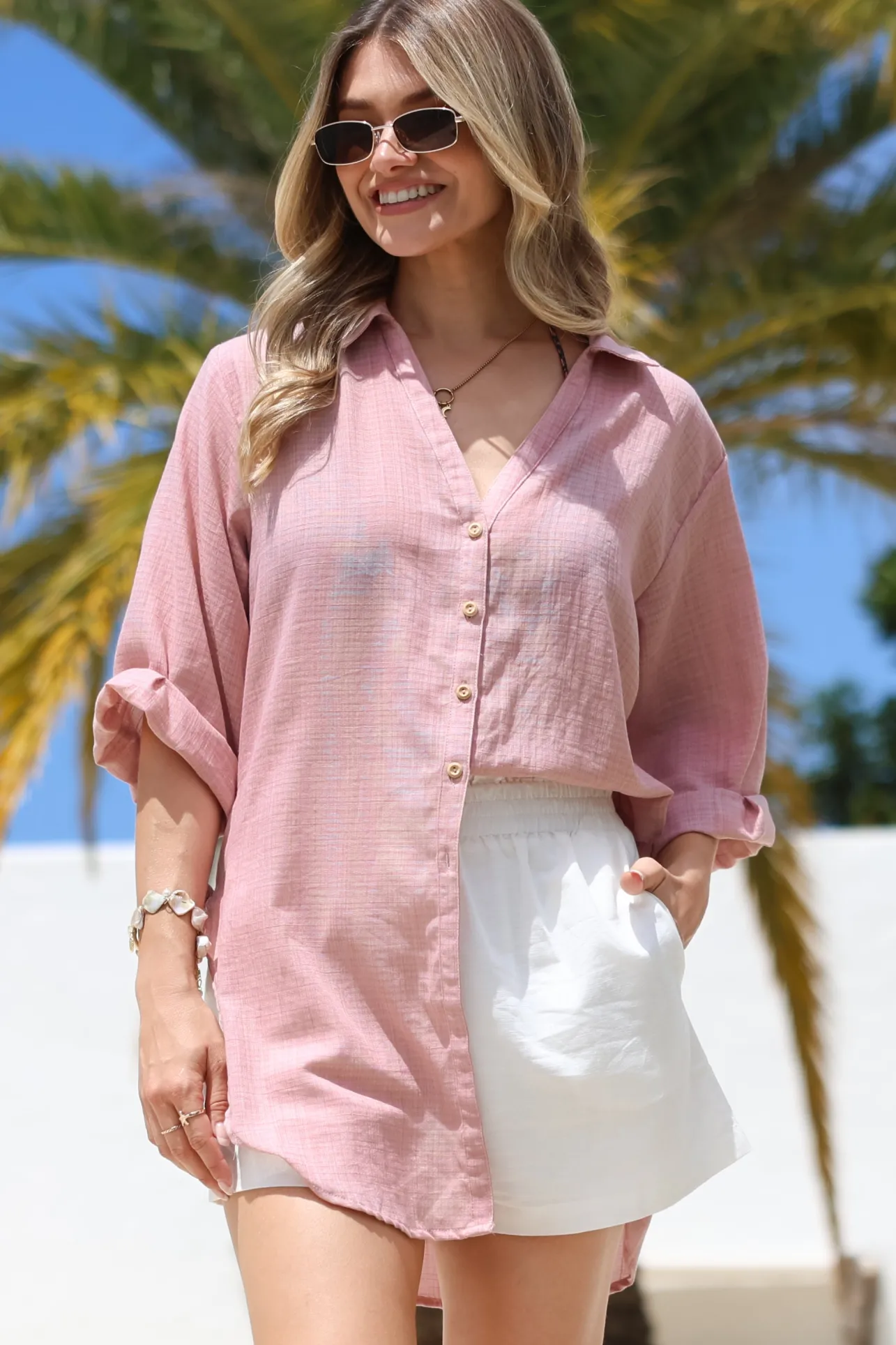 Corina Shirt - Relaxed Button Down Shirt with Sun Hollow-Out Back Decal in Blush>Salty Crush Hot