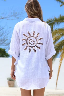 Corina Shirt - Relaxed Button Down Shirt with Sun Hollow-Out Back Decal in White>Salty Crush Discount