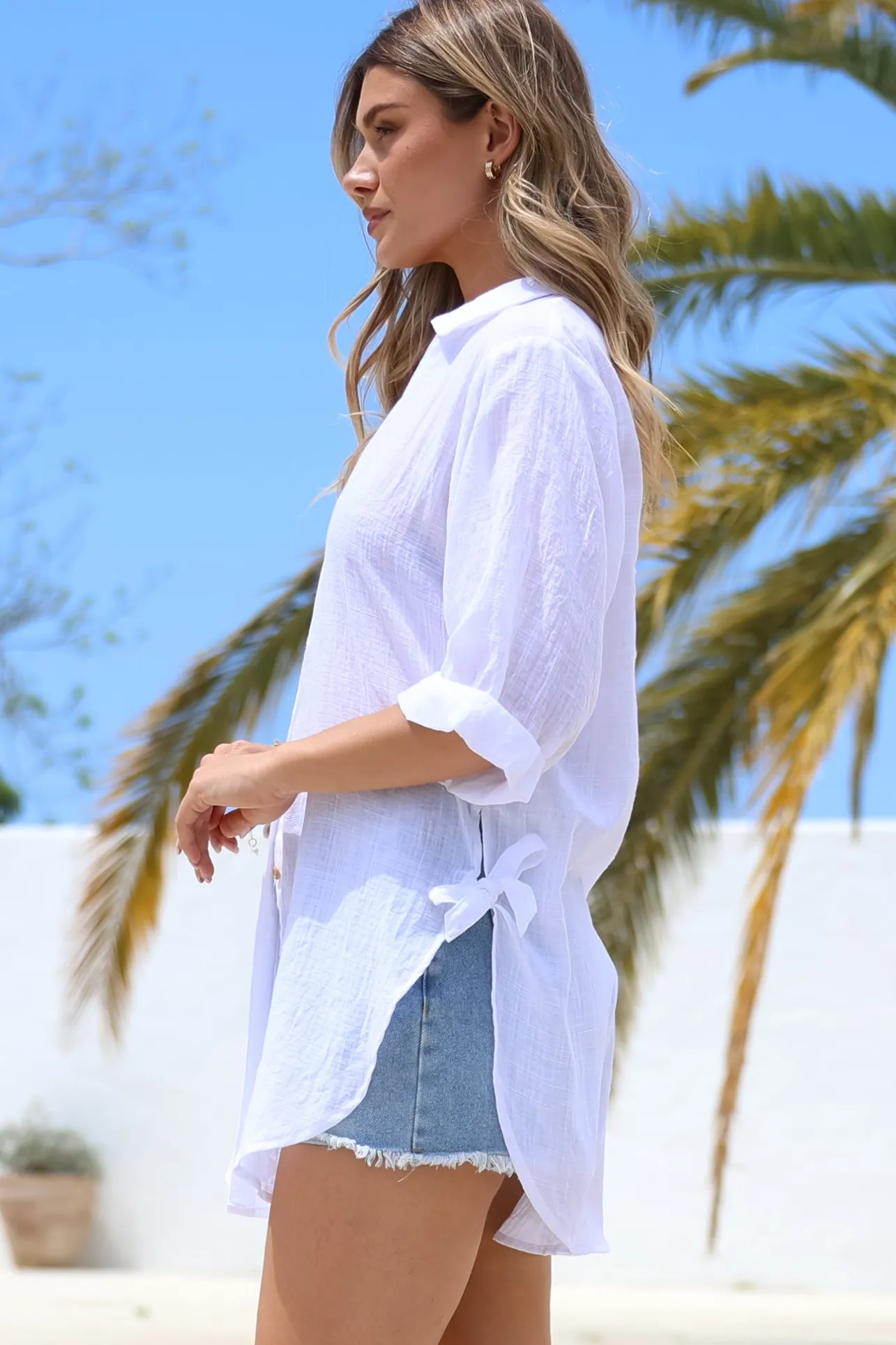 Corina Shirt - Relaxed Button Down Shirt with Sun Hollow-Out Back Decal in White>Salty Crush Discount