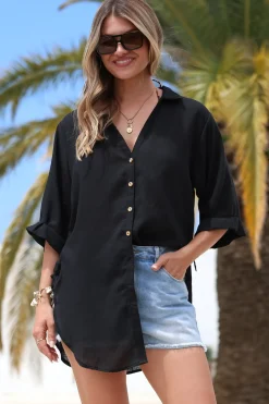 Corina Shirt - Relaxed Button Down Shirt with Sun Hollow-Out Back Decal in Black><noscript><img width=