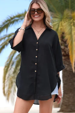 Corina Shirt - Relaxed Button Down Shirt with Sun Hollow-Out Back Decal in Black><noscript><img width=