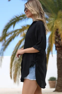 Corina Shirt - Relaxed Button Down Shirt with Sun Hollow-Out Back Decal in Black><noscript><img width=