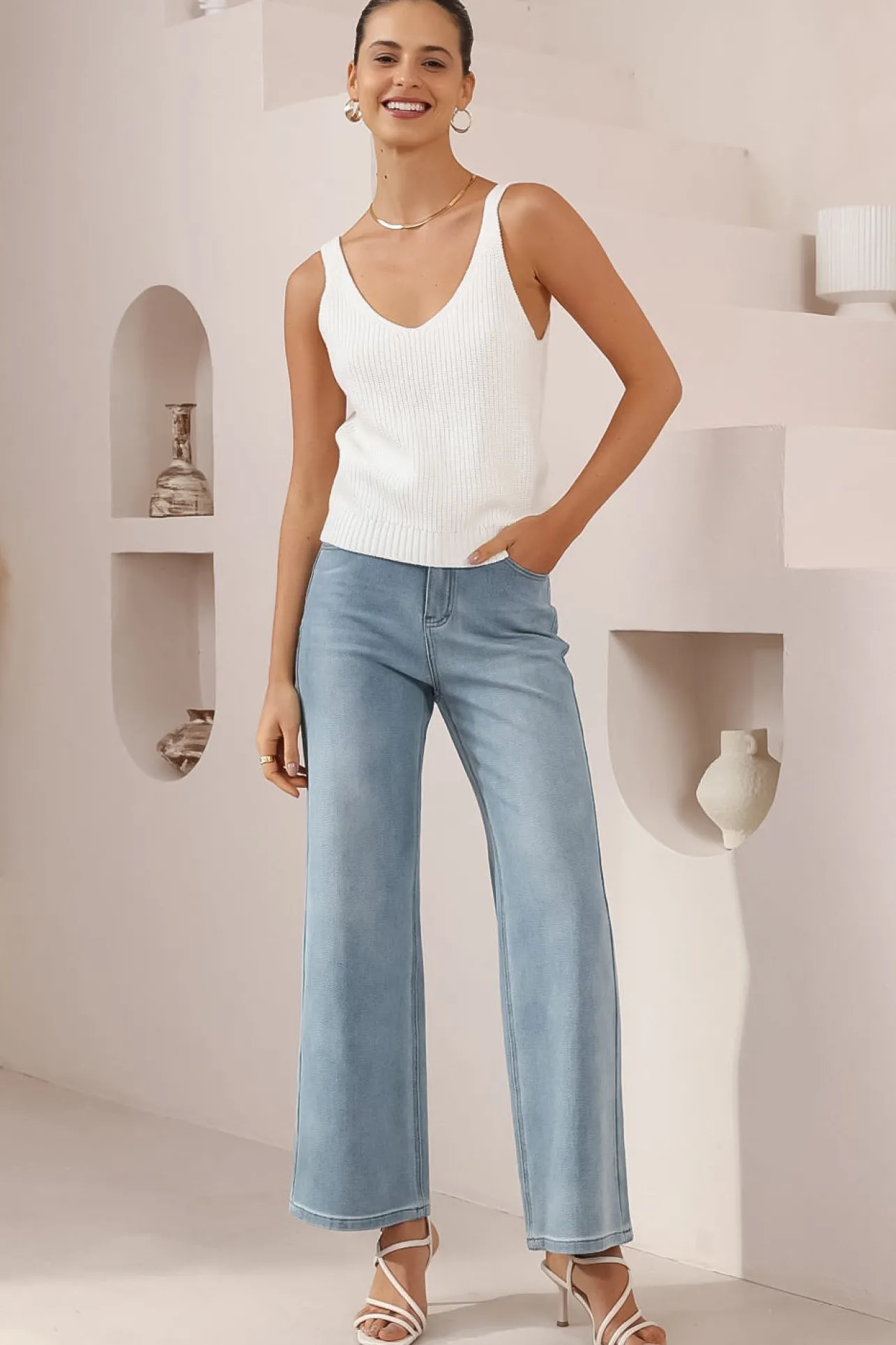 Costa Knit Top - V-Neck Tank Top in White>Salty Crush Online