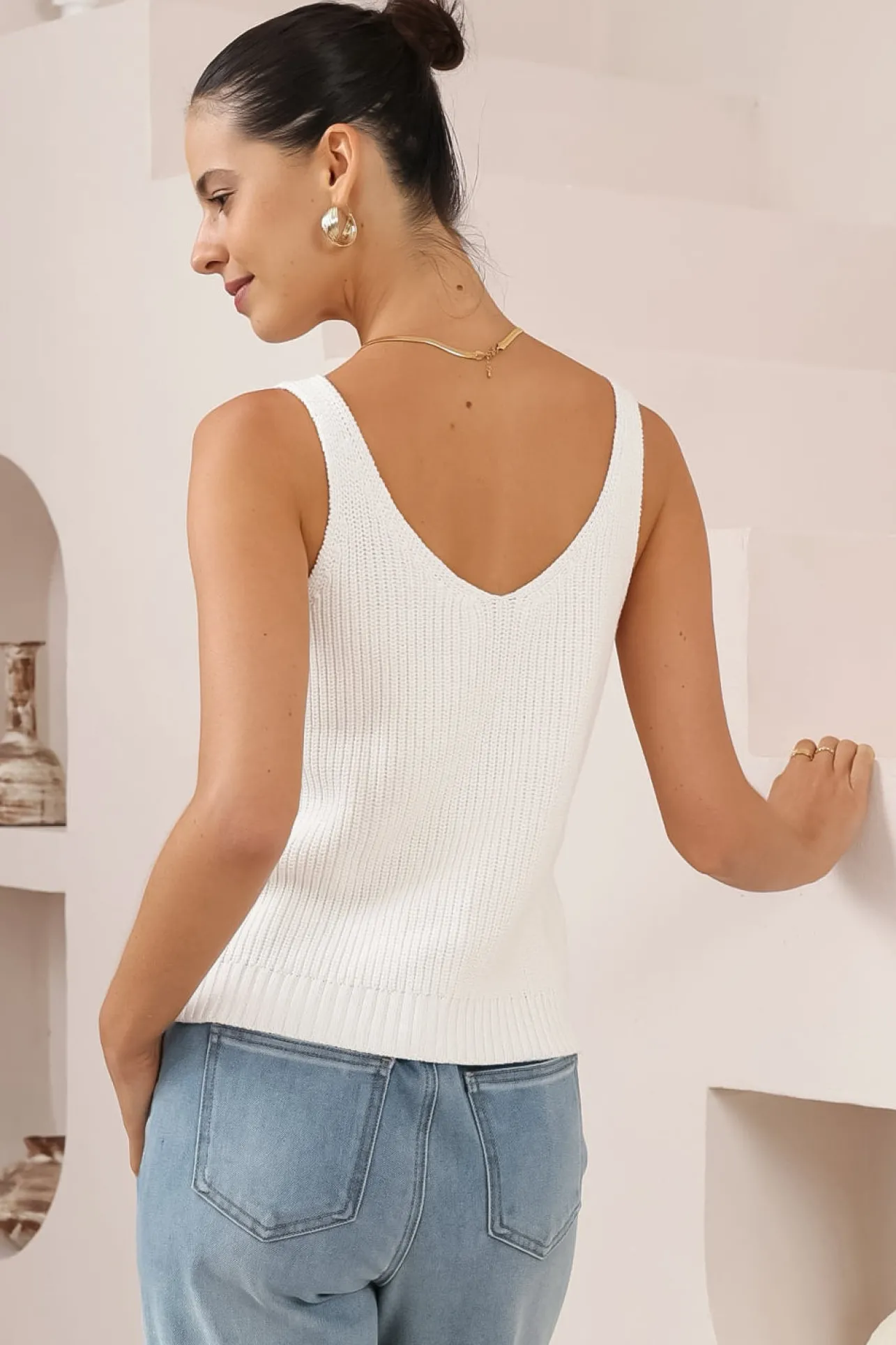 Costa Knit Top - V-Neck Tank Top in White>Salty Crush Online