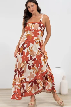 Costa Maxi Dress - Tie Up Strap Tiered Dress with Ric Rac Splicing in Tangie Print>Salty Crush Sale