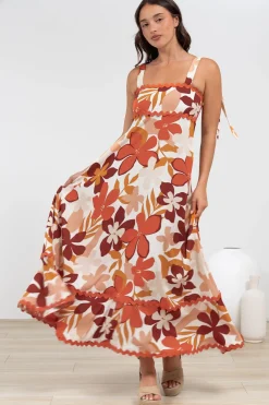 Costa Maxi Dress - Tie Up Strap Tiered Dress with Ric Rac Splicing in Tangie Print>Salty Crush Sale