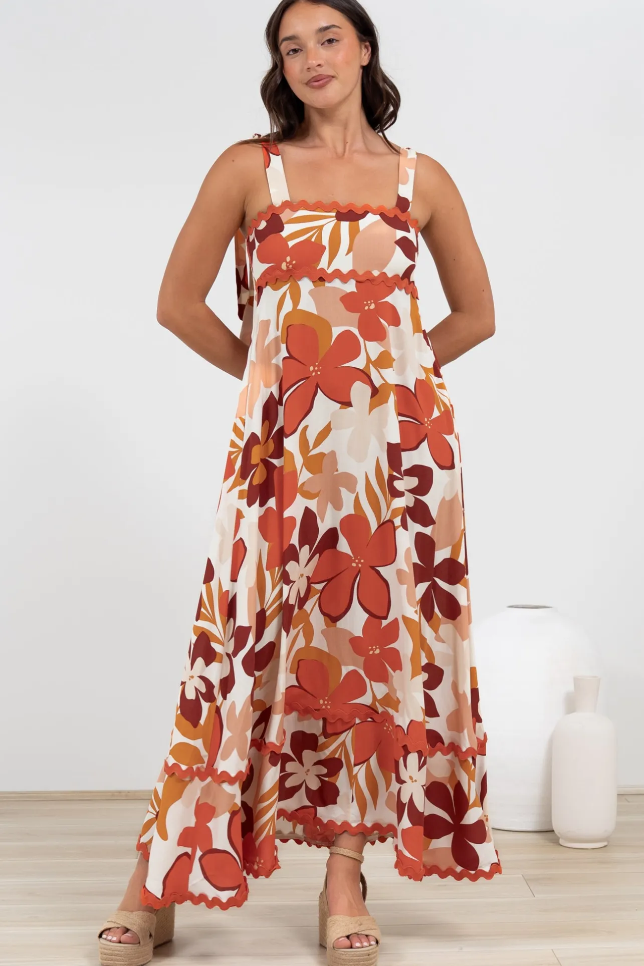 Costa Maxi Dress - Tie Up Strap Tiered Dress with Ric Rac Splicing in Tangie Print>Salty Crush Sale