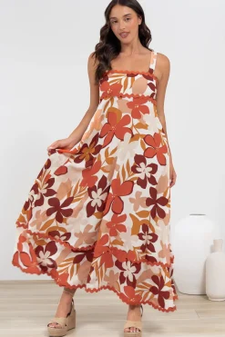 Costa Maxi Dress - Tie Up Strap Tiered Dress with Ric Rac Splicing in Tangie Print><noscript><img width=