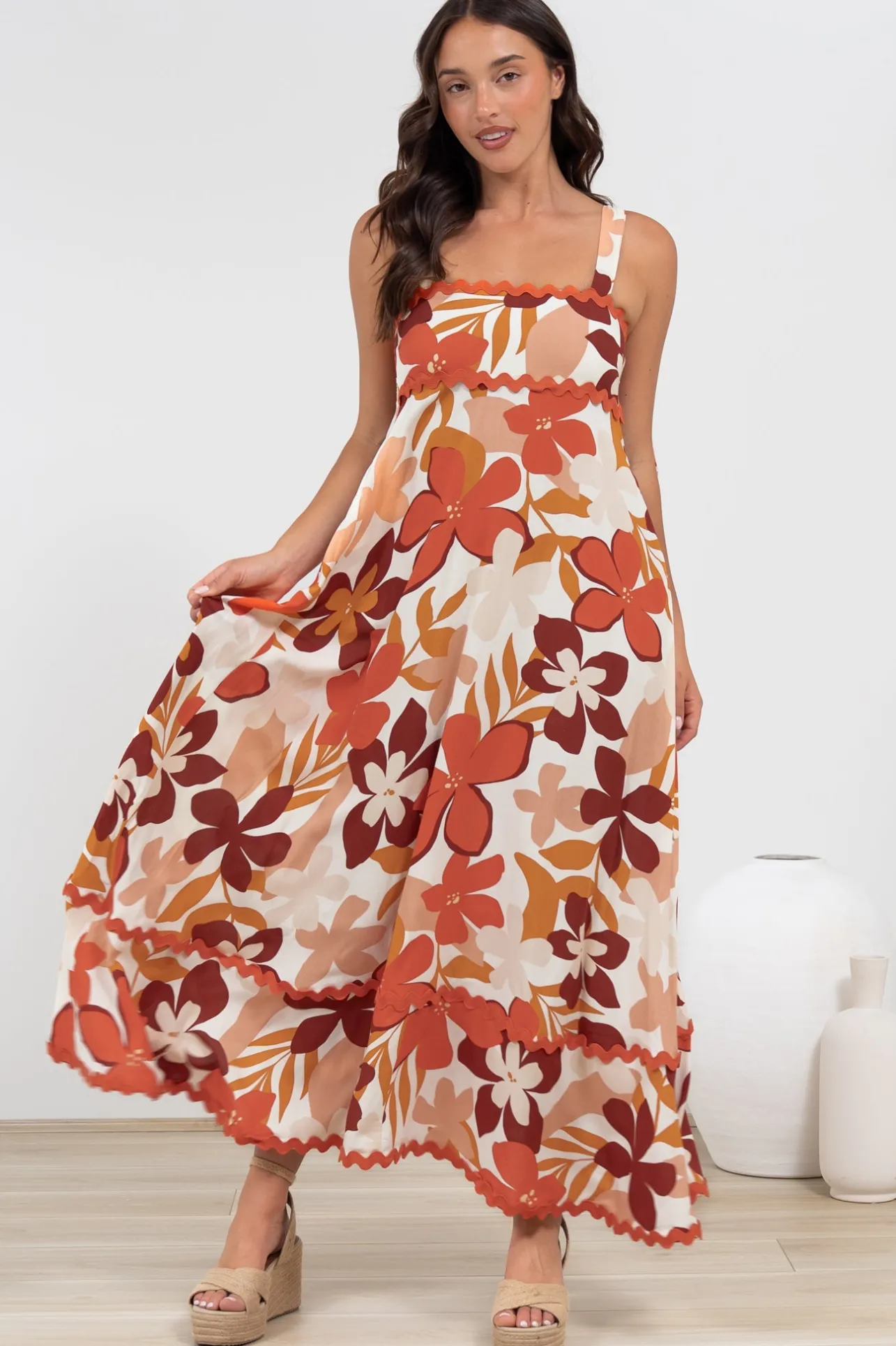 Costa Maxi Dress - Tie Up Strap Tiered Dress with Ric Rac Splicing in Tangie Print>Salty Crush Sale