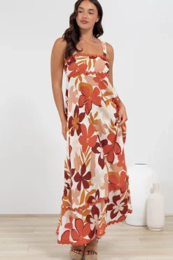 Costa Maxi Dress - Tie Up Strap Tiered Dress with Ric Rac Splicing in Tangie Print><noscript><img width=