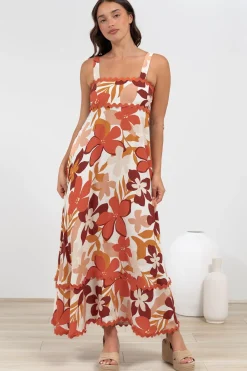 Costa Maxi Dress - Tie Up Strap Tiered Dress with Ric Rac Splicing in Tangie Print><noscript><img width=