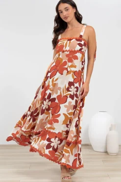 Costa Maxi Dress - Tie Up Strap Tiered Dress with Ric Rac Splicing in Tangie Print><noscript><img width=