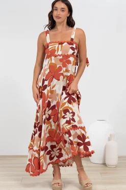Costa Maxi Dress - Tie Up Strap Tiered Dress with Ric Rac Splicing in Tangie Print><noscript><img width=