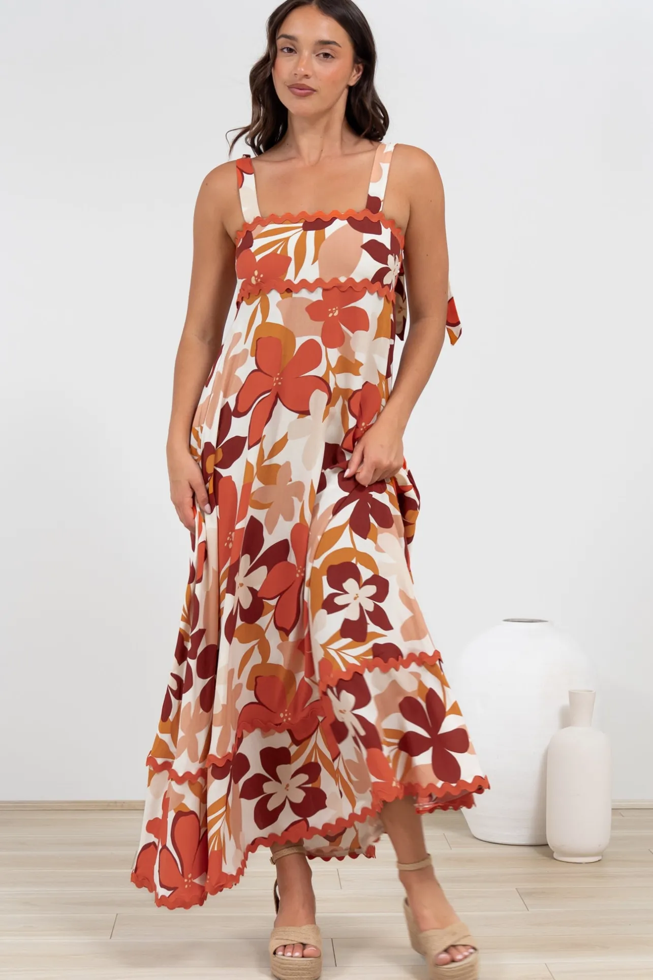 Costa Maxi Dress - Tie Up Strap Tiered Dress with Ric Rac Splicing in Tangie Print>Salty Crush Sale
