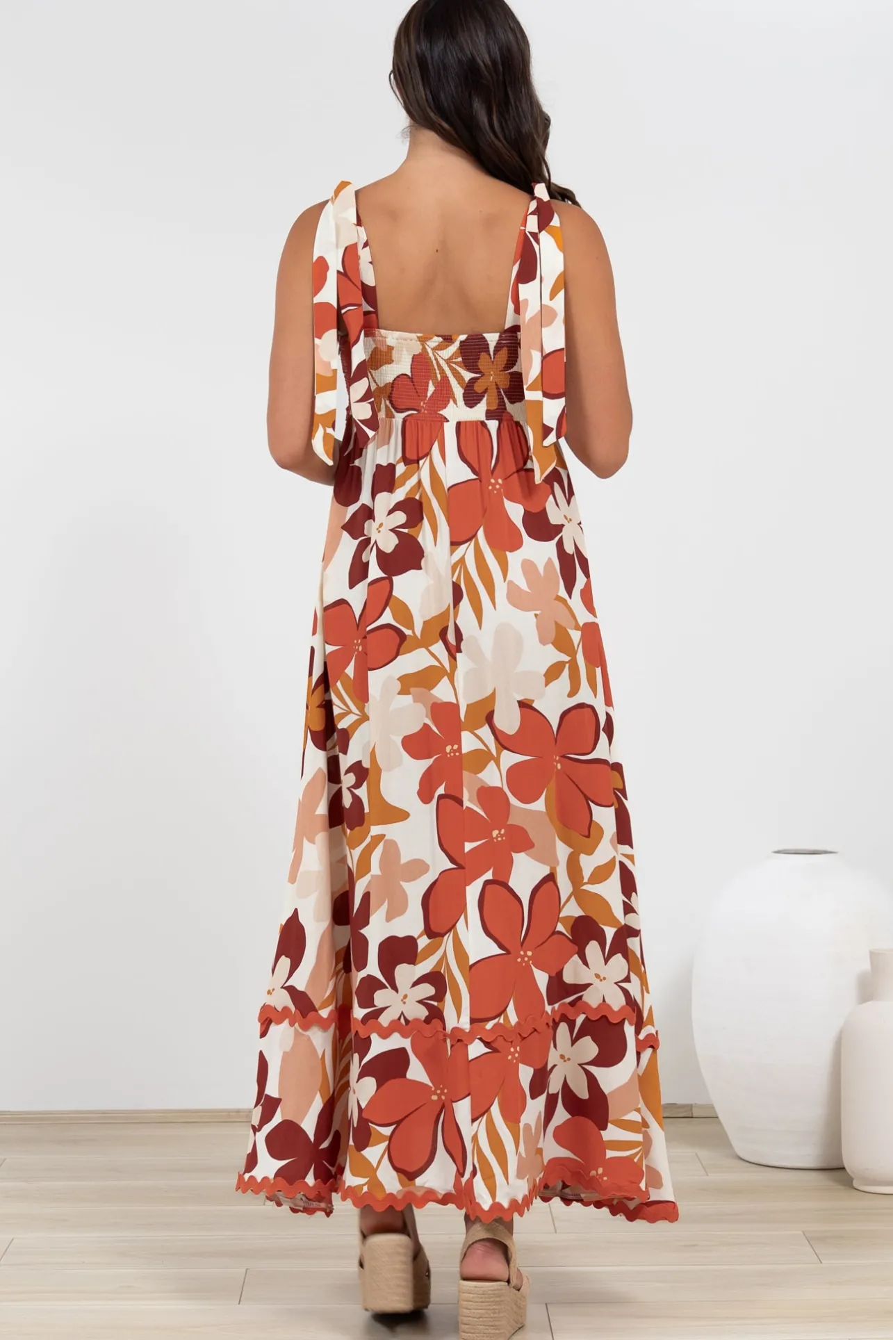 Costa Maxi Dress - Tie Up Strap Tiered Dress with Ric Rac Splicing in Tangie Print>Salty Crush Sale