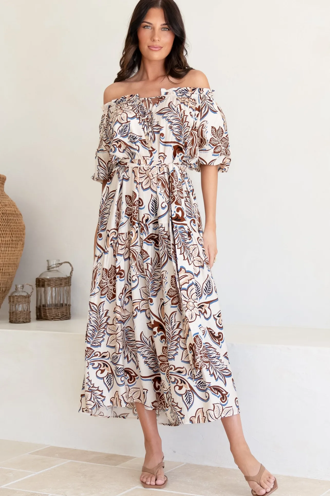 Criselda Maxi Dress - On or Off Shoulder Ballon Sleeve Dress in Palermo Print>Salty Crush