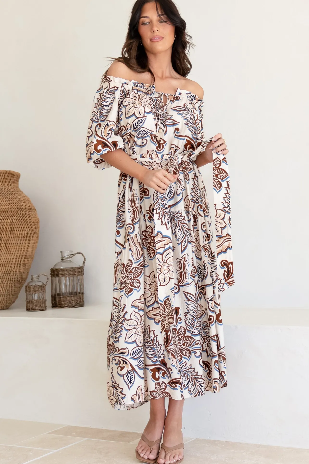 Criselda Maxi Dress - On or Off Shoulder Ballon Sleeve Dress in Palermo Print>Salty Crush
