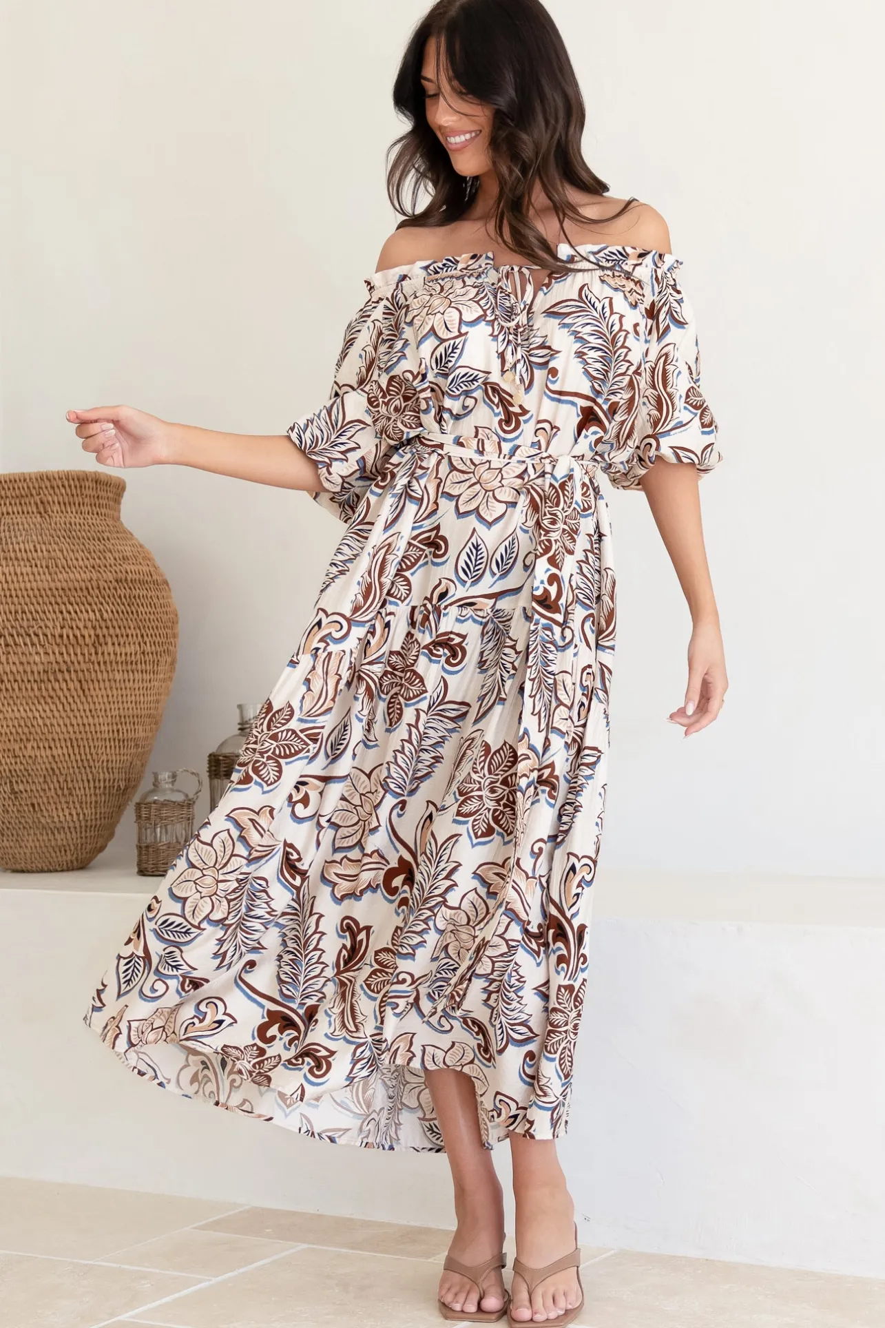Criselda Maxi Dress - On or Off Shoulder Ballon Sleeve Dress in Palermo Print>Salty Crush