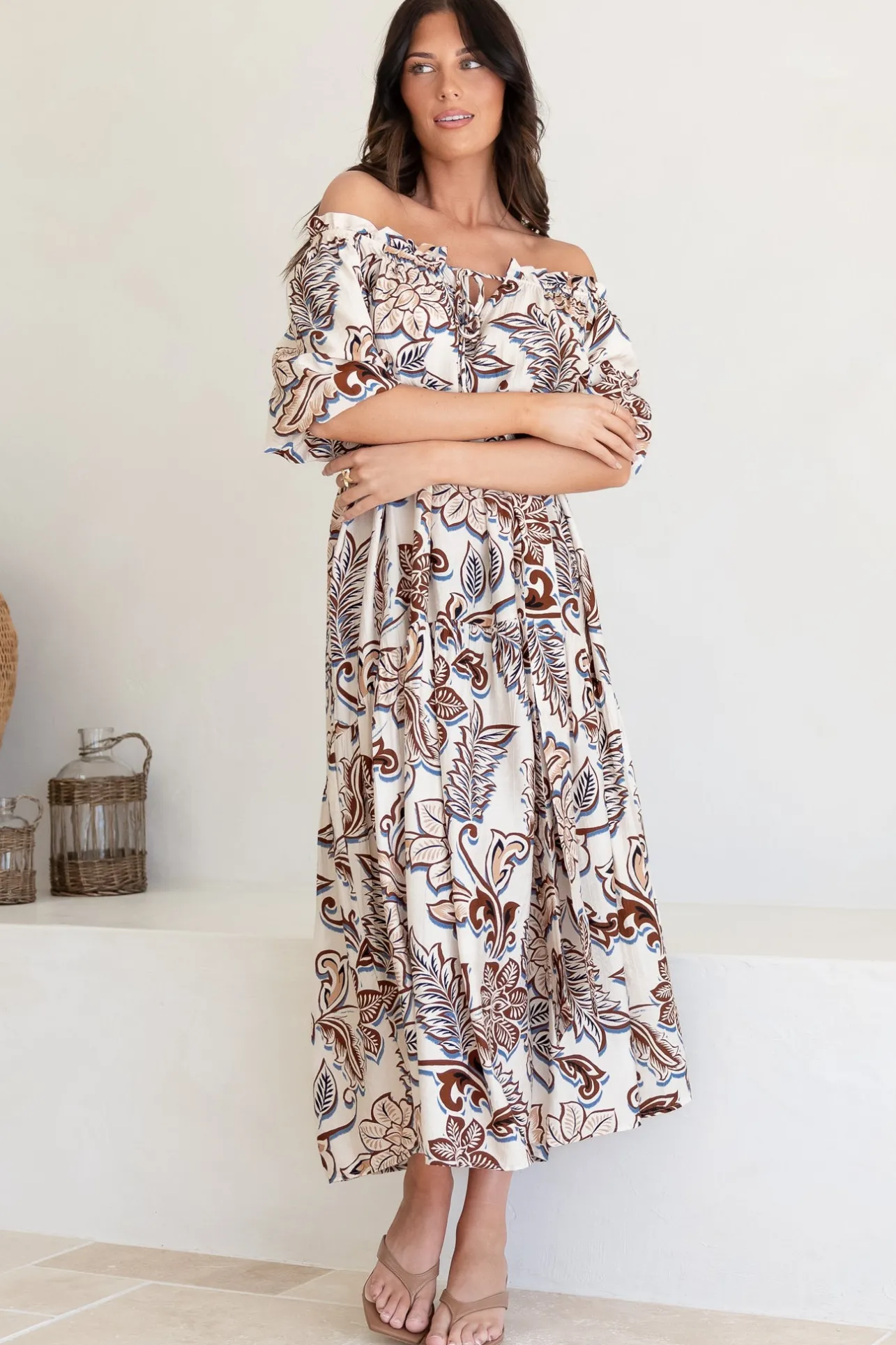 Criselda Maxi Dress - On or Off Shoulder Ballon Sleeve Dress in Palermo Print>Salty Crush