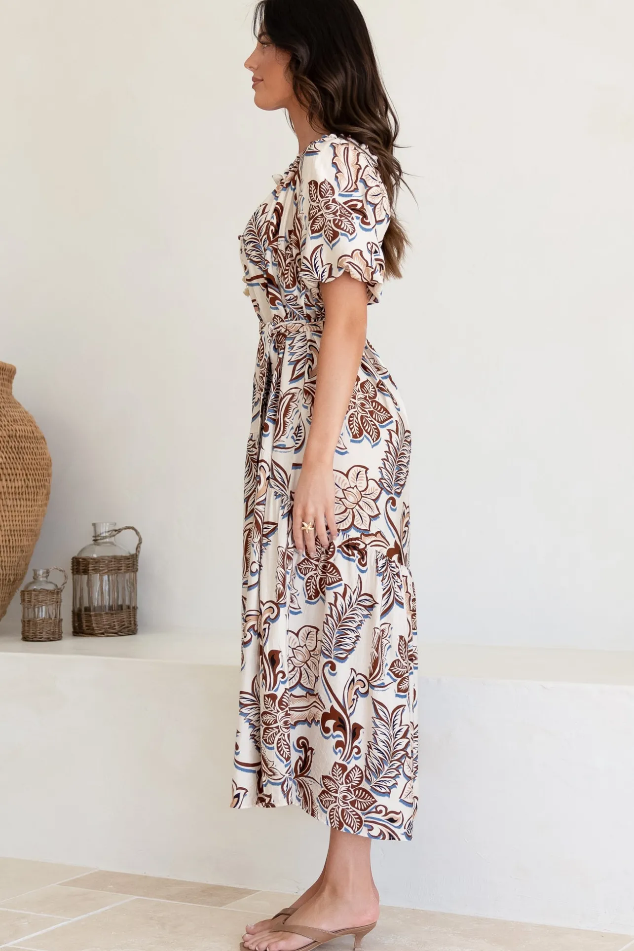 Criselda Maxi Dress - On or Off Shoulder Ballon Sleeve Dress in Palermo Print>Salty Crush