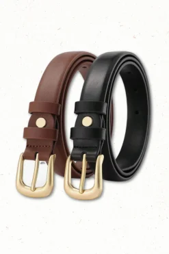 Cruz PU Leather Gold Buckle Thin Belt Set - Black/Brown><noscript><img width=