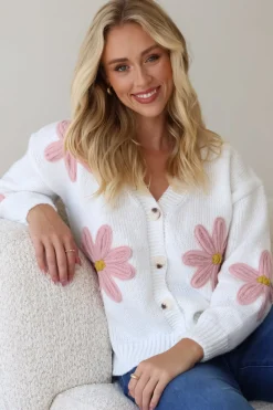 Daisy Belle Cardigan - Cropped Thick Knit Cardigan with Flower Decals in White>Salty Crush Sale
